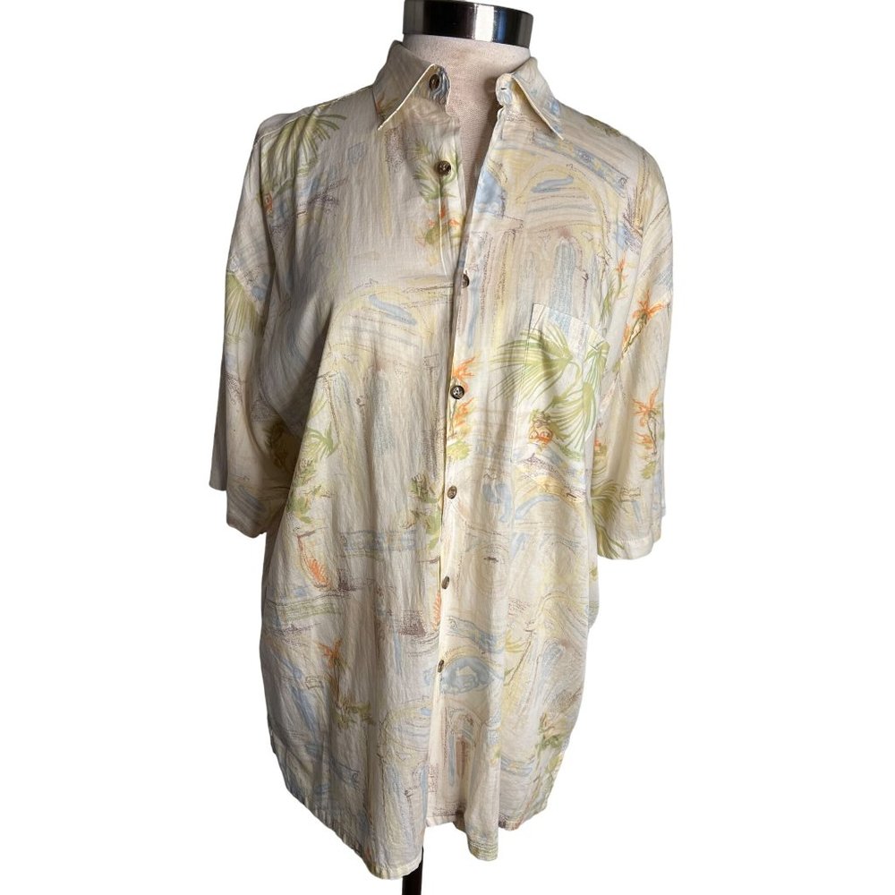 Bamboo Cay Men’s large button front top short sleeve collar Hawaiian print yello